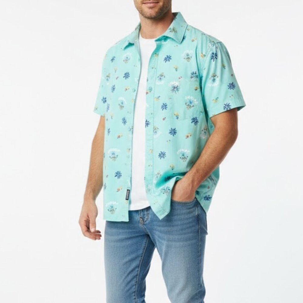 Hurley Mens XL Teal Pineapple Palm Tree Stretch Fit Button Down Shirt